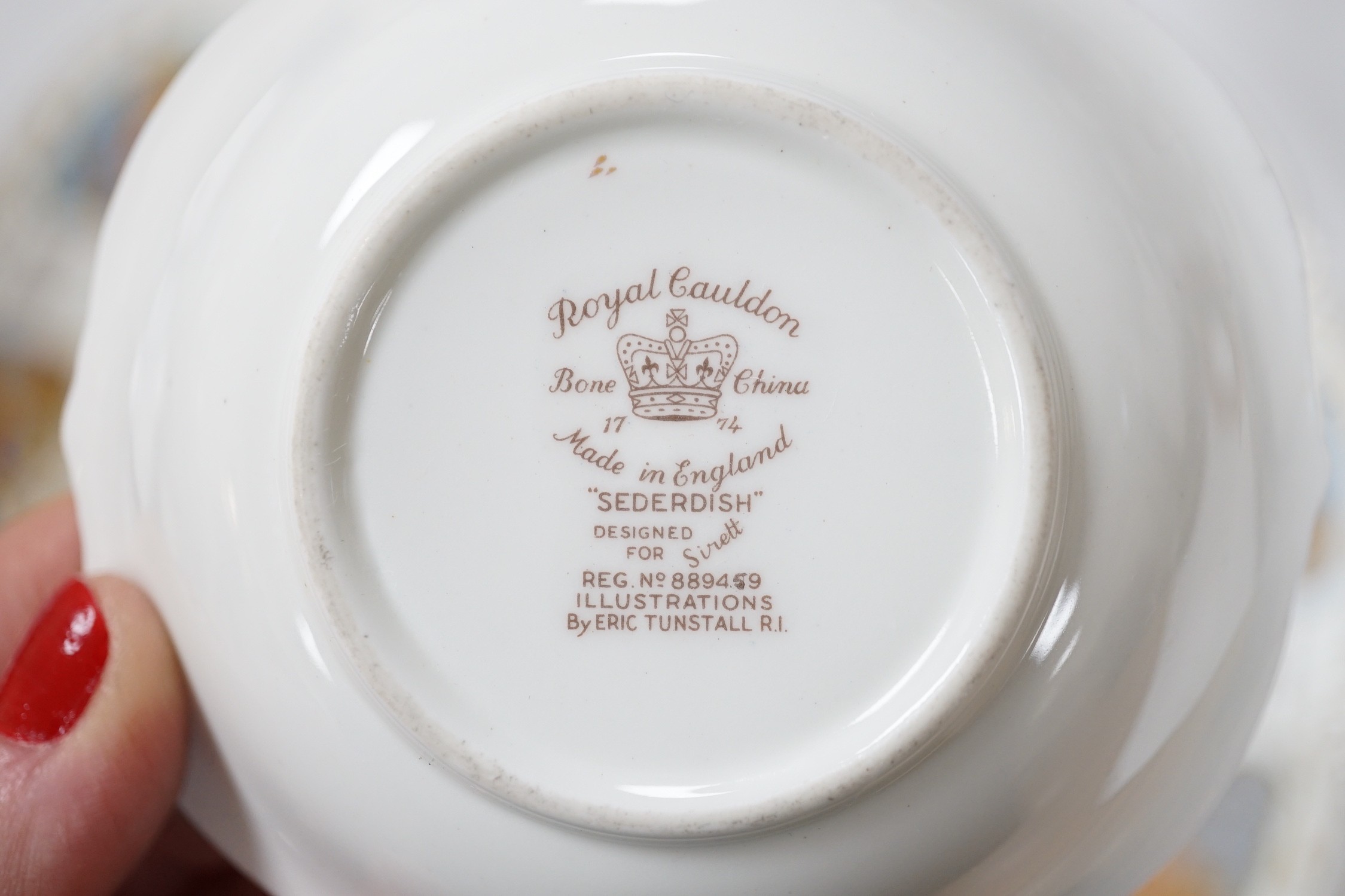 A Royal Cauldon ‘Sederish’ dish and six smaller bowls, for Passover, main dish 41cms diameter